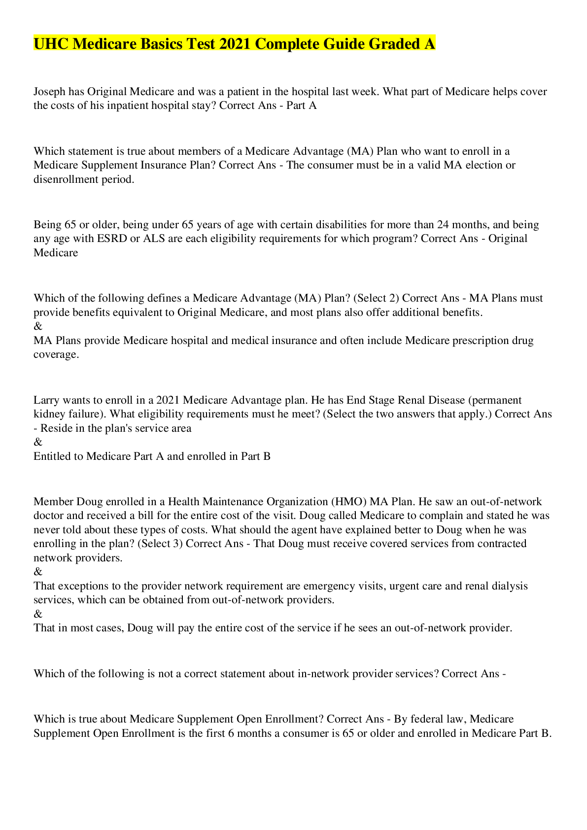 Preview image for UHC Medicare Basics Test 2021 Complete Guide Graded A